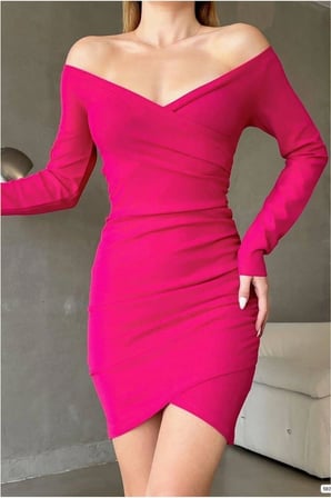 SHNSTORE Kruvaze Elbise Kollu Mini Yaka Büzgülü Uzun · Renk: Zümrüt · Beden: L SHN0720