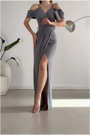 SHNSTORE Krep Yırtmaçlı Elbise Abiye V Yaka Kumaş · Renk: Mor · Beden: L SHN0720