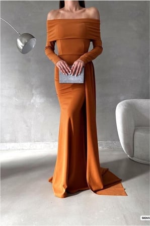 SHNSTORE Esnek Elbise Kuyruklu Degaje Abiye Yaka Krep Kumaş · Renk: Hardal · Beden: M SHN0720