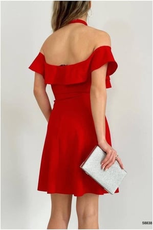 SHNSTORE Tül Elbise Volanlı Mini Yaka Kayık Kumaş · Renk: Saks · Beden: M SHN0720