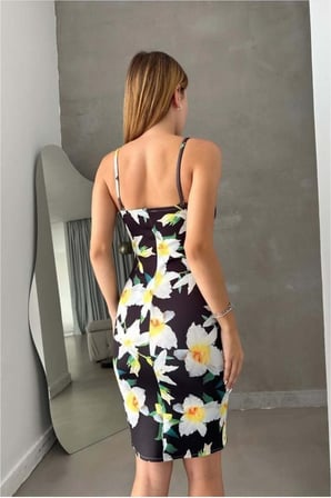 SHNSTORE Scuba Yırtmaçlı Elbise Kalp Mini Yaka Esnek Kumaş · Renk: Çok Renkli · Beden: M SHN0720