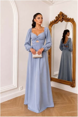 SHNSTORE V Elbise Maxi Kollu Abiye Yaka Uzun · Renk: Gülkurusu · Beden: M SHN0720
