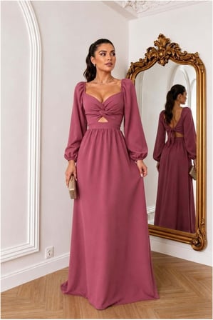 SHNSTORE V Elbise Maxi Kollu Abiye Yaka Uzun · Renk: Gülkurusu · Beden: M SHN0720