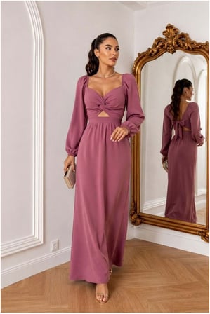 SHNSTORE V Elbise Maxi Kollu Abiye Yaka Uzun · Renk: Gülkurusu · Beden: M SHN0720