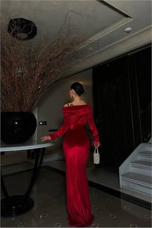 SHNSTORE Kadife Kumaş Abiye Kruvaze Yaka Elbise Maxi · Renk: Saks · Beden: M SHN0720