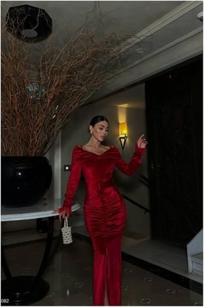 SHNSTORE Kadife Kumaş Abiye Kruvaze Yaka Elbise Maxi · Renk: Saks · Beden: M SHN0720