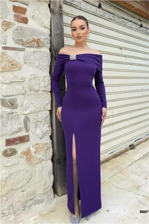 SHNSTORE Esnek Elbise Taş Abiye Straplez Krep Detaylı Kumaş · Renk: Mor · Beden: XL SHN0720