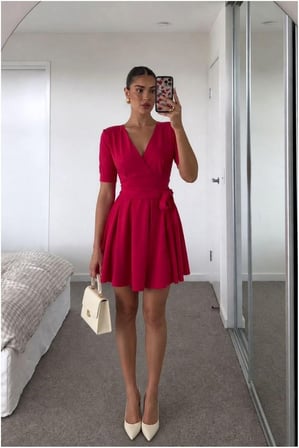 SHNSTORE V Elbise Kollu Kısa Mini Kuşaklı Yaka · Renk: Zümrüt · Beden: XL SHN0720