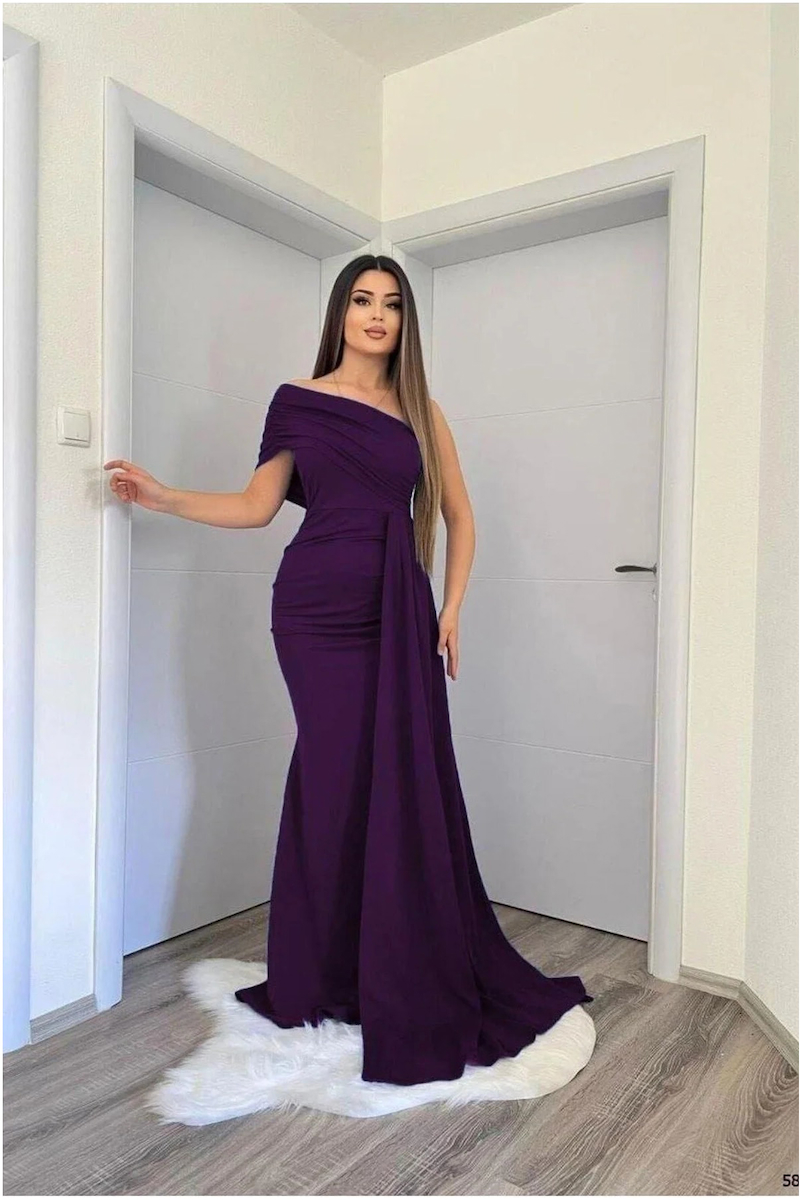 SHNSTORE Tek Elbise Kuyruklu Omuz Abiye Balık Kesim · Renk: Mor · Beden: 2XL SHN0720