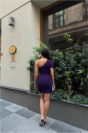 SHNSTORE Krep Kumaş Omuz Abiye Tek Elbise · Renk: Mor · Beden: L SHN0720