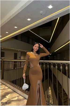 SHNSTORE Bisiklet Uzun Taş Abiye Yaka Elbise Kollu Detaylı · Renk: Vizon · Beden: M SHN0720