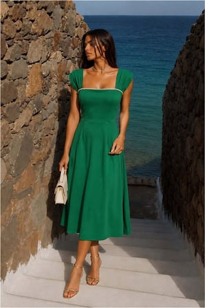 SHNSTORE Kadın Elbise Kare Midi Yaka · Renk: Yeşil · Beden: S SHN0720
