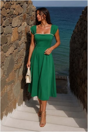SHNSTORE Kadın Elbise Kare Midi Yaka · Renk: Yeşil · Beden: S SHN0720