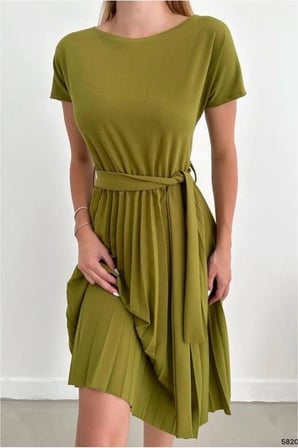 SHNSTORE Krep Elbise Bisiklet Kollu Kısa Kuşaklı Yaka Kumaş · Renk: Fıstık Yeşili · Beden: M SHN0720