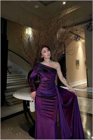 SHNSTORE Esnek Kumaş Omuz Abiye Kadife Tek Kuyruklu Elbise · Renk: Siyah · Beden: S SHN0720