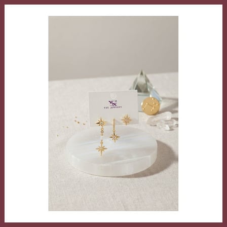 SHNSTORE Pirinç Gold Renk Zirkon Taşlı Kutup Yıldızı Model Kadın Küpe Seti SHN0720