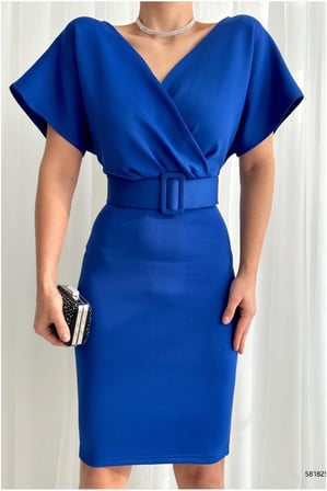 SHNSTORE Esnek Kruvaze Likralı Kemerli Elbise Abiye Yaka Kumaş · Renk: Saks · Beden: 3XL SHN0720