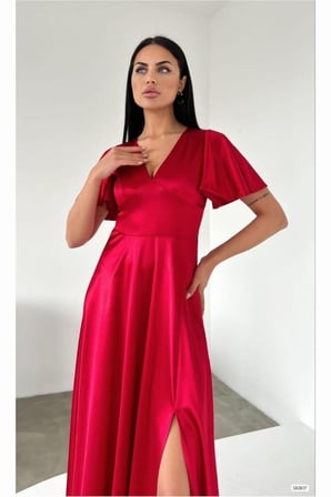 SHNSTORE Saten Elbise Kollu Kısa V Yaka Kumaş · Renk: Kırmızı · Beden: M SHN0720