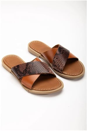 SHNSTORE Kadın Çapraz Ortopedik Deri Hakiki Bantlı Terlik · Renk: Taba · Beden: 36 SHN0720