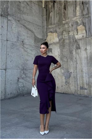 SHNSTORE Krep Kumaş Abiye Bisiklet Yaka Elbise Yırtmaçlı · Renk: Saks · Beden: M SHN0720