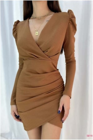 SHNSTORE Kruvaze Elbise Balon Kollu Yaka · Renk: Siyah · Beden: L SHN0720