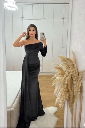 SHNSTORE Krep Elbise Kuyruklu Omuz Maxi Abiye Tek Kumaş · Renk: Saks · Beden: M SHN0720