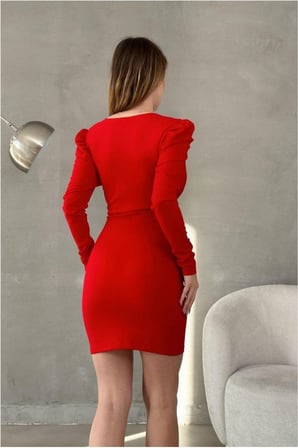 SHNSTORE Kruvaze Elbise Balon Kollu Yaka · Renk: Kahve · Beden: L SHN0720