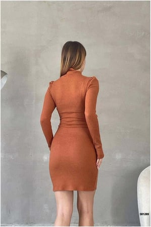 SHNSTORE Sandy Elbise Balıkçı Kollu Yaka Uzun Kumaş · Renk: Taba · Beden: L SHN0720