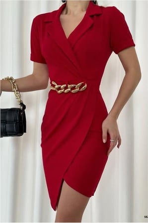 SHNSTORE Krep Elbise İnci Mini Abiye Detaylı Kumaş · Renk: Kırmızı · Beden: L SHN0720