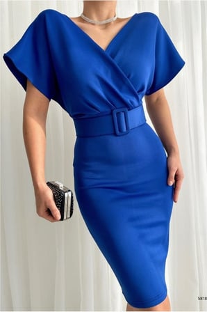 SHNSTORE Esnek Kruvaze Likralı Kemerli Elbise Abiye Yaka Kumaş · Renk: Saks · Beden: XL SHN0720