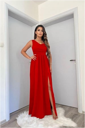 SHNSTORE Saten Elbise Omuz Abiye Tek Kumaş · Renk: Kırmızı · Beden: M SHN0720