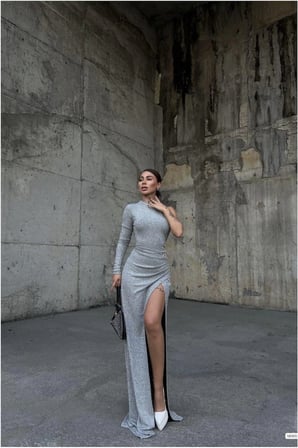 SHNSTORE Dik Uzun Taş Abiye Yaka Elbise Kollu Detaylı · Renk: Saks · Beden: XL SHN0720