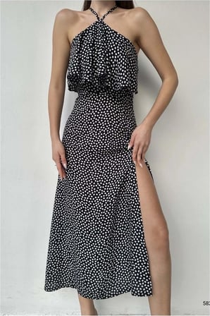 SHNSTORE Kadın Yırtmaçlı Elbise Krep Kumaş · Renk: Çok Renkli · Beden: M SHN0720
