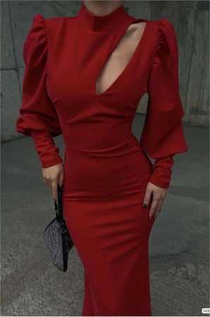 SHNSTORE Simli Dekolteli Kumaş Abiye Yaka Degaje Elbise Maxi · Renk: Zümrüt · Beden: L SHN0720