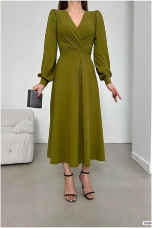 SHNSTORE Krep Kruvaze Elbise Balon Kollu Yaka Büzgülü Kumaş · Renk: Siyah · Beden: S SHN0720
