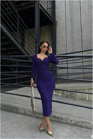 SHNSTORE Kruvaze Yaka Balon Elbise Kollu Midi · Renk: Mor · Beden: L SHN0720