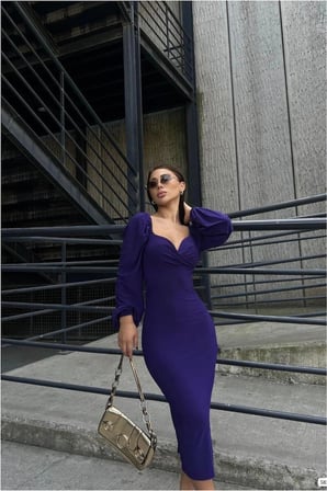 SHNSTORE Kruvaze Yaka Balon Elbise Kollu Midi · Renk: Mor · Beden: L SHN0720