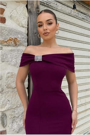 SHNSTORE Straplez Yırtmaçlı Elbise Taş Abiye Detaylı · Renk: Bordo · Beden: XL SHN0720