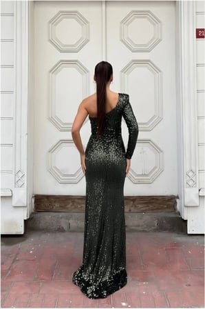 SHNSTORE Kadife Elbise Payetli Kollu Yaka Uzun Kumaş Asimetrik · Renk: Kırmızı · Beden: XL SHN0720