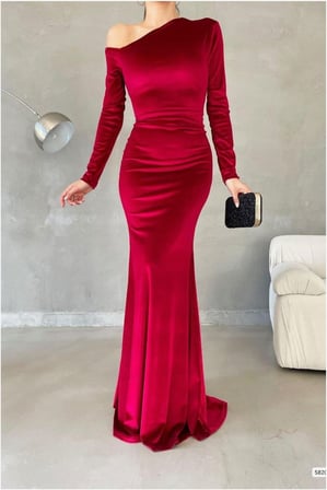 SHNSTORE Kadife Elbise Maxi Abiye Yaka Kumaş Asimetrik · Renk: Mor · Beden: M SHN0720