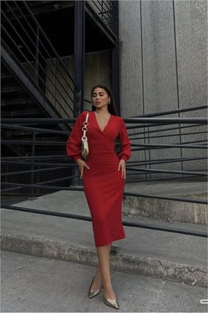 SHNSTORE Kruvaze Uzun Yaka Elbise Kollu Midi · Renk: Zümrüt · Beden: L SHN0720