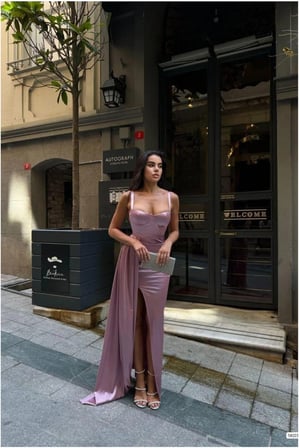 SHNSTORE Saten Kumaş Abiye Yaka Kalp Elbise Yırtmaçlı Maxi · Renk: Mor · Beden: M SHN0720