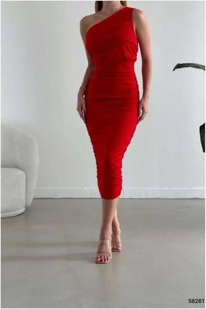 SHNSTORE Krep Elbise Omuz Abiye Tek Kumaş · Renk: Kırmızı · Beden: L SHN0720