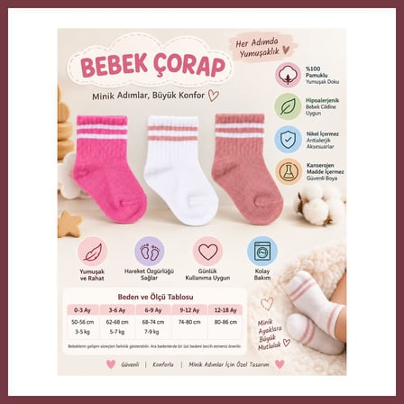 SHNSTORE Assn Bebek Çorap USB2206 Rose ADET FİYATIDIR · Beden: 6-12 Ay · Renk: Rose SHN0720