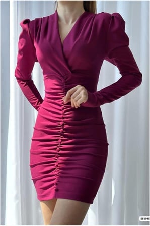 SHNSTORE Krep Kruvaze Elbise Mini Abiye Yaka Drapeli Kumaş · Renk: Saks · Beden: S SHN0720