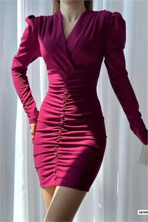 SHNSTORE Krep Kruvaze Elbise Mini Abiye Yaka Drapeli Kumaş · Renk: Saks · Beden: S SHN0720