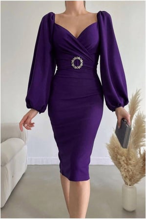 SHNSTORE Krep Kemerli Elbise Kalp Midi Yaka Kumaş · Renk: Mor · Beden: L SHN0720