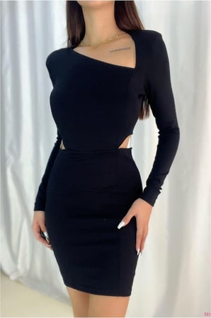SHNSTORE Kayık Elbise Kollu Mini Yaka Uzun · Renk: Siyah · Beden: L SHN0720