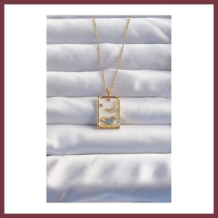 SHNSTORE 316L Çelik Zincir Gold Renk Ay Detay Mavi Zirkon Taşlı Tarot Kolye SHN0720