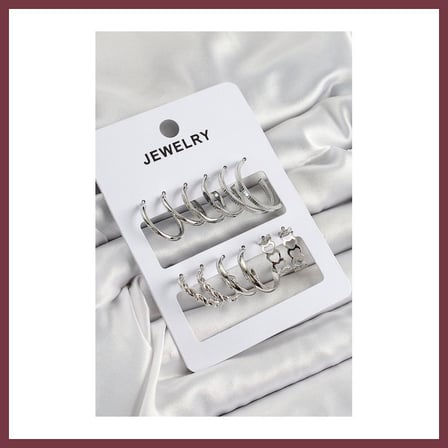 SHNSTORE Pirinç Karışık Halka Model Gümüş Renk 6 Çift Kadın Küpe Set SHN0720